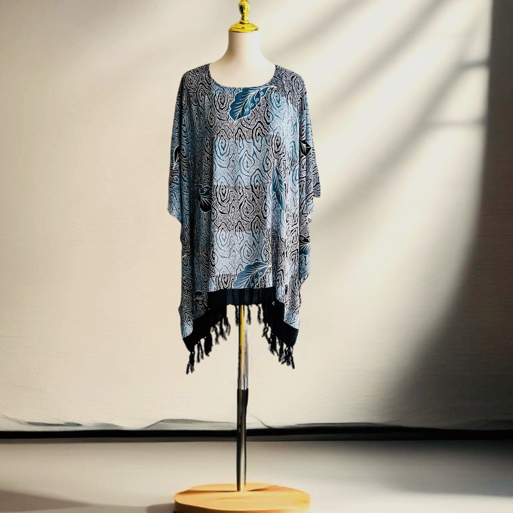 0042/ Black Grey Color Poncho with fringed, Batik Poncho